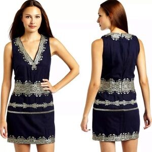 French Connection Midnight Moscow Boho Navy Blue Embroidered Dress Size 10 EUC